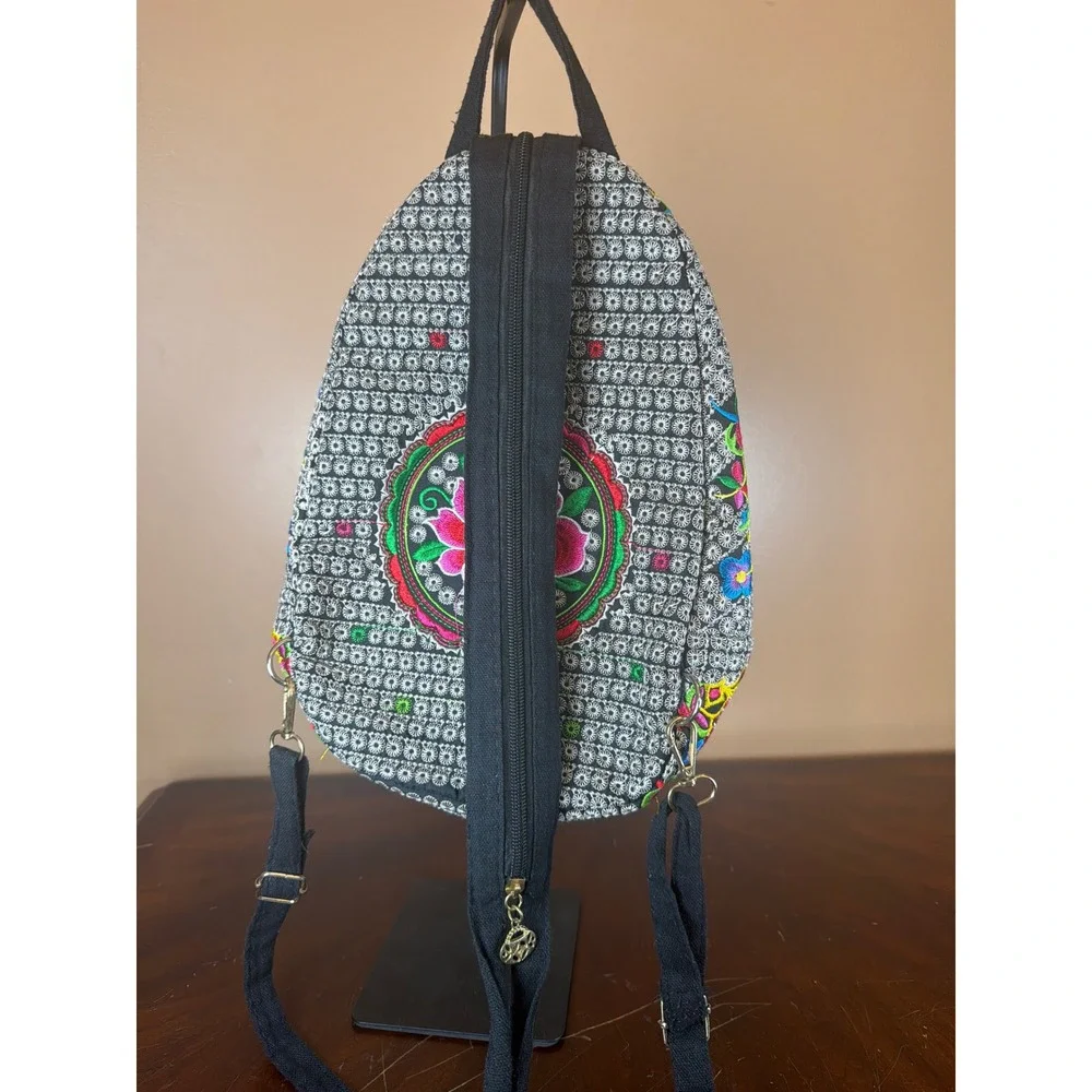 Boho‎ Floral Embroidered Mini Backpack Sling Bag Black Pink Lotus Folk Art